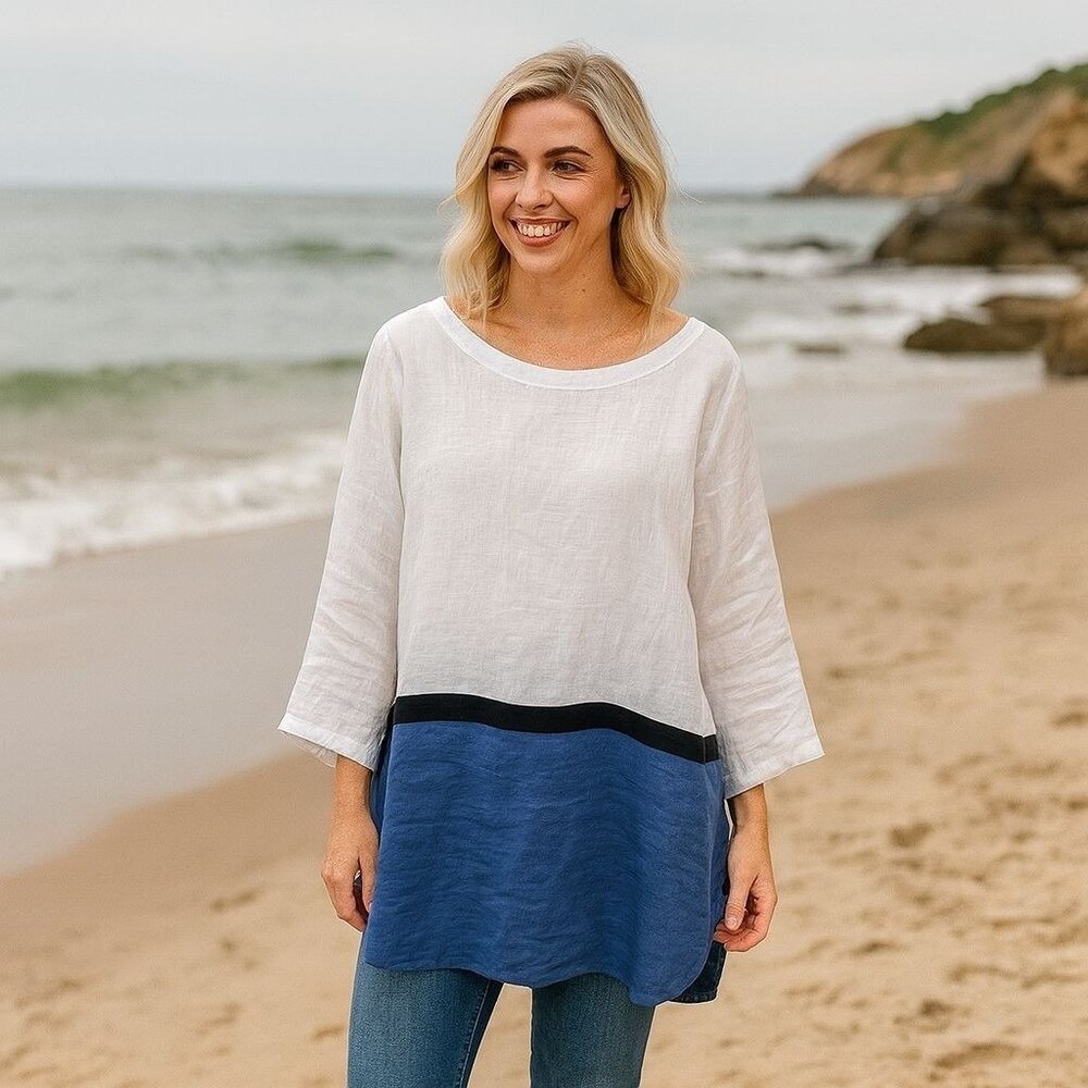 J. Jill 100% Linen Colorblock Popover Top Lightweight Coastal Lagenlook Artsy M‎